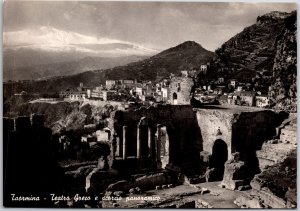 Taormina Teatro Greco e Scorcio Panoramica Italy Ruins Real Photo RPPC Postcard