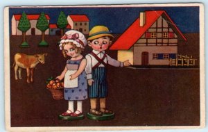 COLOMBO Artist Signed  CHILDREN FARM BARN Cow  Art Deco 1931  Postcard