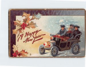 Postcard A Happy New Year with Mistletoe Vehicle People Embossed Art Print