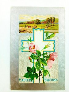 Vintage Postcard Easter Greetings Textured Cross Floral Flower Holiday