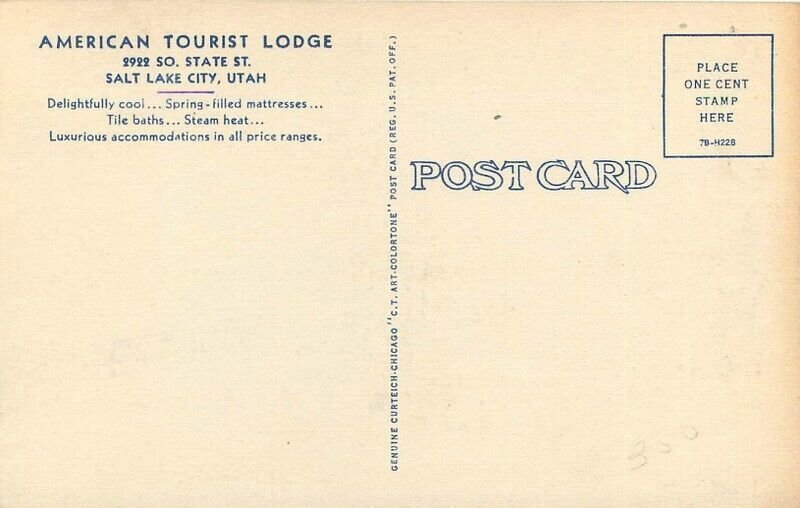 1950s Utah Salt City Utah American Tourist Lodge Teich linen Postcard 22-11573