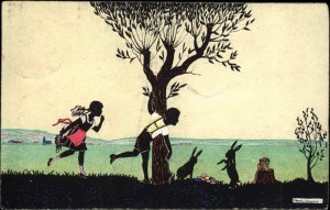 Manni Grosse Easter Children Rabbits Easter Egg Hunt Silhouette c1910 PC