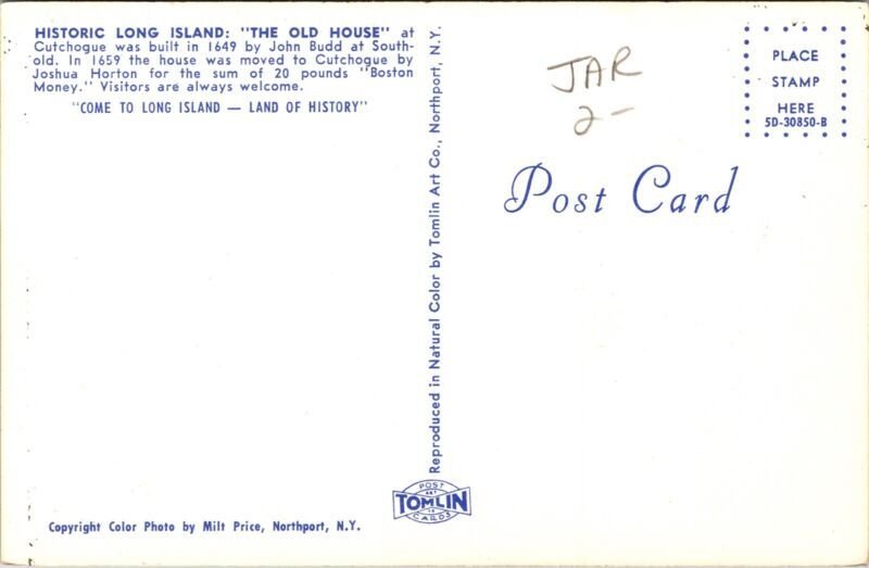 Historic Long Island Old House Cutchogue John Budd Southold Postcard