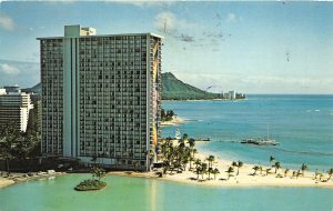 Waikiki Beach Oahu Hawaii 1969 Postcard Hilton Hawaiian Village Rainbow Tower