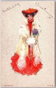 1909 Birthday Greetings Beautiful Woman Fashion Clothing Posted Postcard