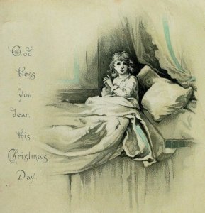 1880's-90's Castell Bros. Christmas Card Adorable Girl In Big Bed &U