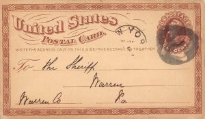 LP02 Warren County Pennsylvania 1875 Pioneer Postcard Sheriff Collection Cancel