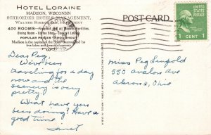 Vintage Postcard 1946 Hotel Loraine Madison Wisconsin WI Walter Schroeder