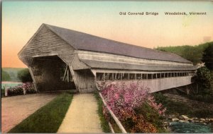 Old Covered Bridge Woodstock VT Hand Colored Vintage Postcard F80