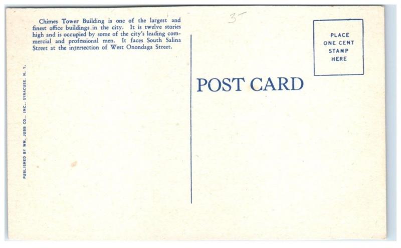 Mid-1900s Chimes Tower Building, Syracuse, NY Postcard
