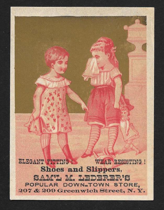 VICTORIAN TRADE CARD Lederers Shoes & Slippers Red Tint Two Girls & Doll