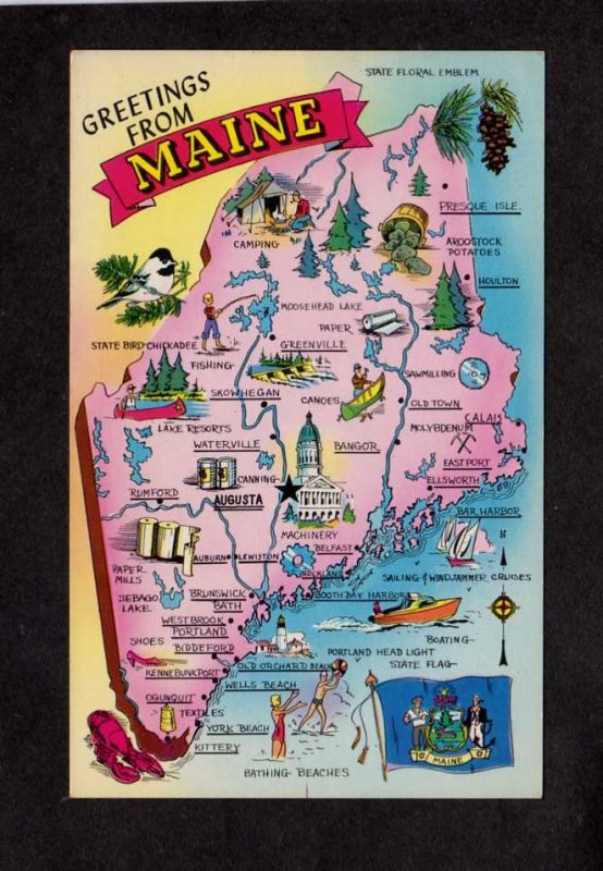 ME Greetings From Maine State Map Postcard York Orono Jackman Machias Calais