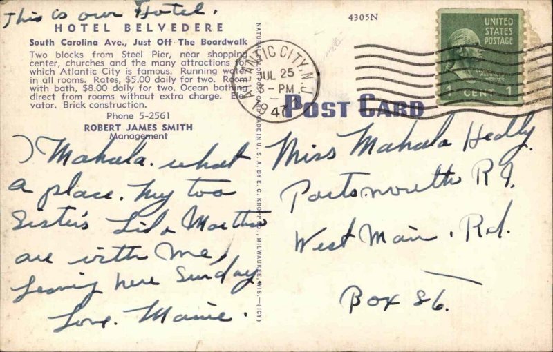 Atlantic City New Jersey NJ Hotel Belvedere c1930s-40s Postcard