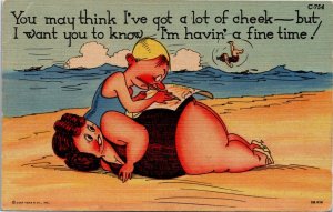 Postcard Comic Man Writing a Letter on a Fat Lady on the Beach LINEN 1951 S117