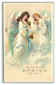 Vintage 1910's Easter Postcard Angels in Heaven Bells Clouds Nice Card