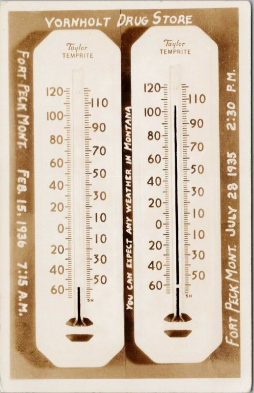 Fort Peck MT Temperature Thermometer Vornholt Drug Store RPPC Postcard G98
