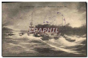 Old Postcard Boat War Cherbourg Breastplate kind Republic in heavy seas