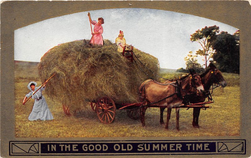 Good Old Summer Time c1910 Greetings Postcard Women Hay Wagon