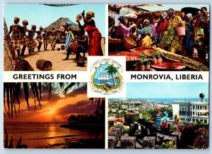 Monrovia Liberia Postcard African Dancing Fruitmarket Sunset c1950's Vintage