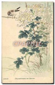 CPA Japon Nippon Chrysanthemums and Sparrow Oiseau Fleurs 