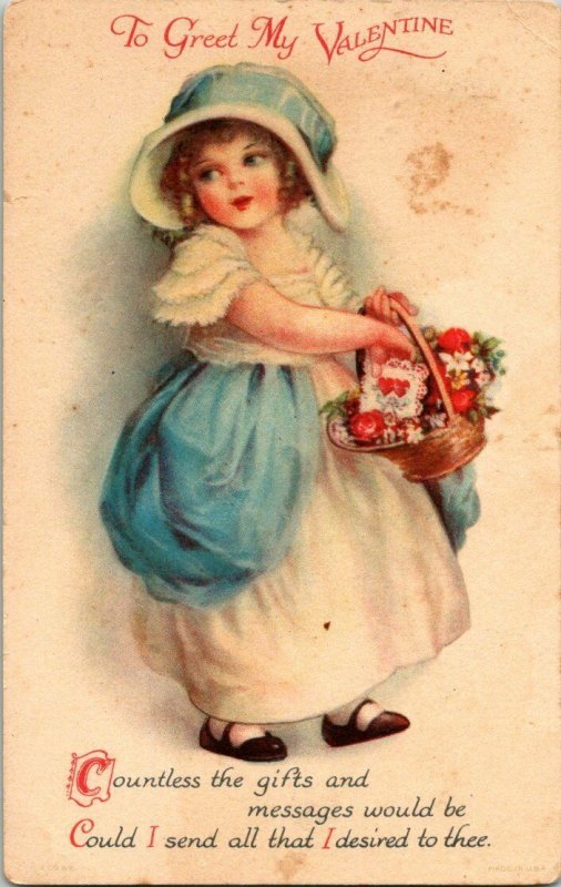 VTG Postcard Valentine Greetings Bonnet Victorian Girl Basket Unposted 1202