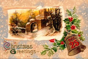 1914 Vintage John Winsch Antique Castle & Bells Winter Christmas Postcard