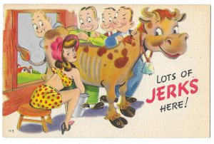 Lots of Jerks Here! Unused Metrocraft Comic Linen Postcard, Milking Cow