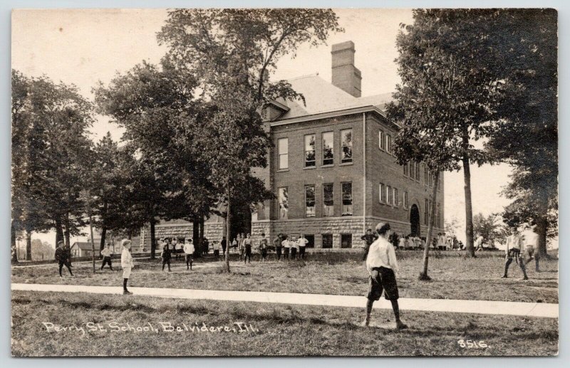 Belvidere IL~Perry Street School~Boys Playing~Girls by Door~c1910 RPPC CR Childs 