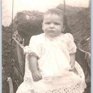 c1910s Cute Healthy Baby Girl or Boy in Stroller RPPC Real Photo Postcard A158