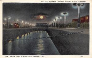 PANAMA 1940s Linen Postcard Esclusas De Gatun En Noche de Luna Canal Panama