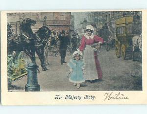 Pre-1907 foreign HER MAJESTY BABY - GIRL WALKS WITH MOM PAST THE SHOPS J5082