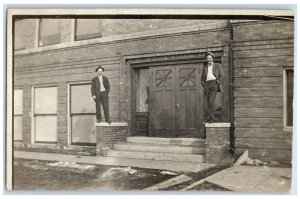 1910 Boys Front Door Scene Grand Island Nebraska NE RPPC Photo Posted Postcard