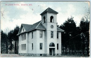 c1909 Shawano, Wis. St. Jakobi School Litho Photo Postcard Steam Launch A33