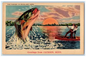 c1940 Fishing Excellent Exaggerated Jackson Minnesota Vintage Antique Postcard