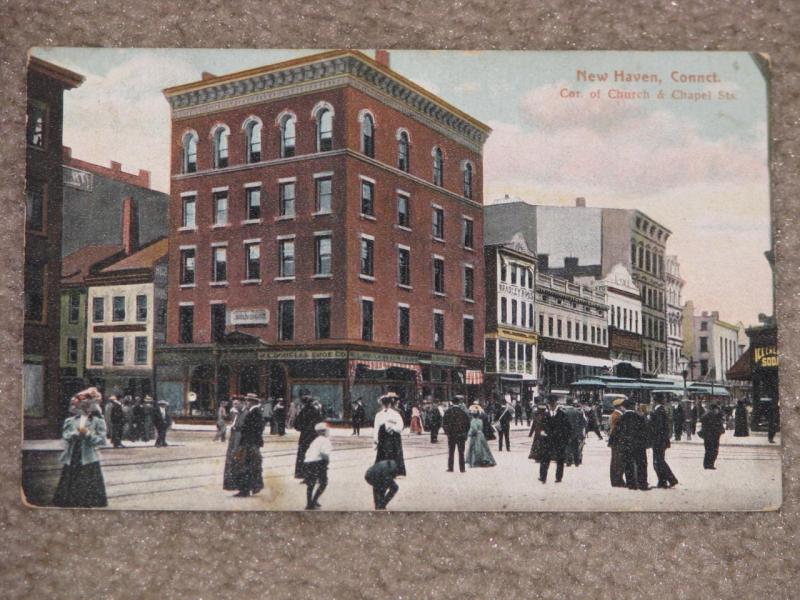 Corner of Church & Chapel Sts., New Haven, Conn., 1908, used vintage card