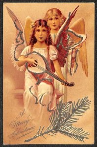 CHRISTMAS HOLIDAY ANGEL PLAYIONG MANDOLIN GLITTER NOVELTY PFB POSTCARD (c. 1908)