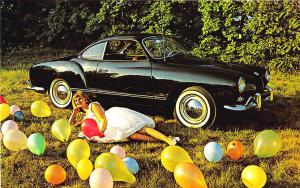 VW Volkswagen Black Karmann Ghia Woman Balloons Original Postcard