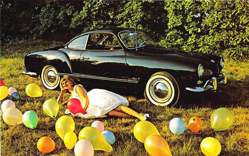 VW Volkswagen Black Karmann Ghia Woman Balloons Original Postcard