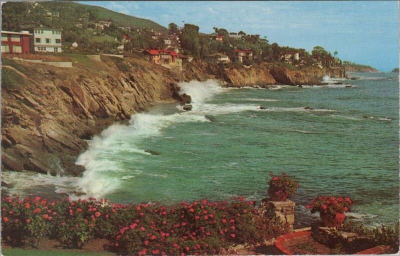 Vintage Birds eye view Laguna Beach California cliffs ocean postcard C467