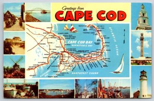 State Map~Cape Cod~Lighthouse~Windmill~Vintage Postcard