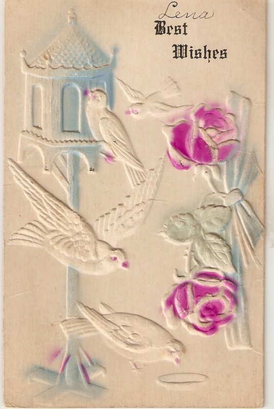 Doves and pink roses Old vintage American Greetings PC. Embossed