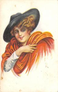 Lovely Lady~Orange Cape~Hunter Green Hat~Rakish Angle~Bobbed Hair~Artist Signed