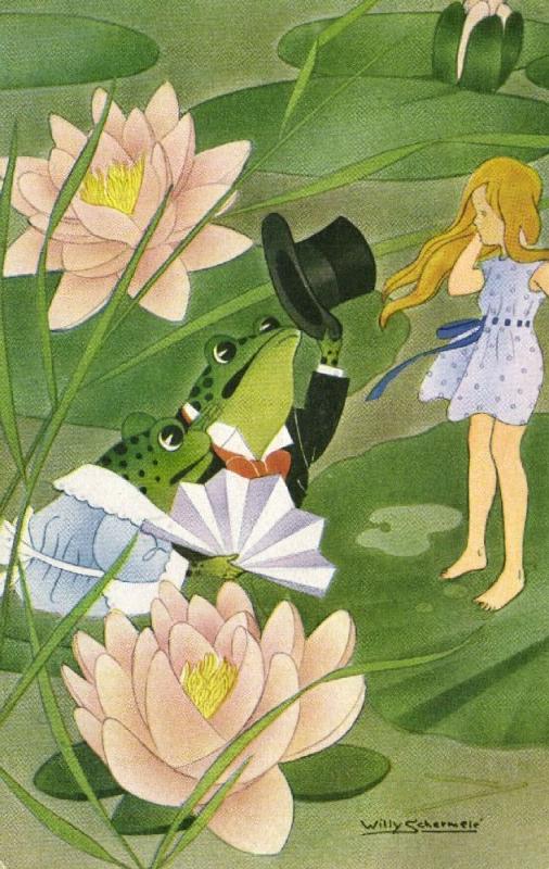 Artist Signed Willy Schermelé,  Fairy Tale Duimeliesje meets Two Dressed Frogs