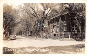 Fort Des Moines Iowa~Chaffee Street~Army Post Building~Man Walking~40s Car~RPPC