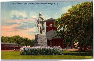 Rollon Statue and Great Northern Station, Fargo ND Vintage Linen Postcard H34