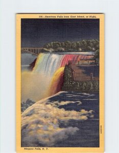 Postcard American Falls from Goat Island, At Night, Niagara Falls, New York