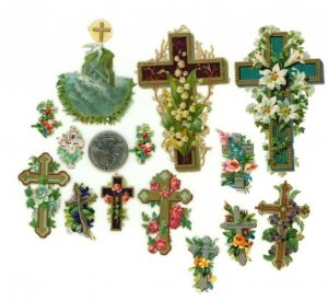 Victorian Die-Cuts 1870's-90's Crosses Flowers Miniatures Lot Of 14 Fab! X66