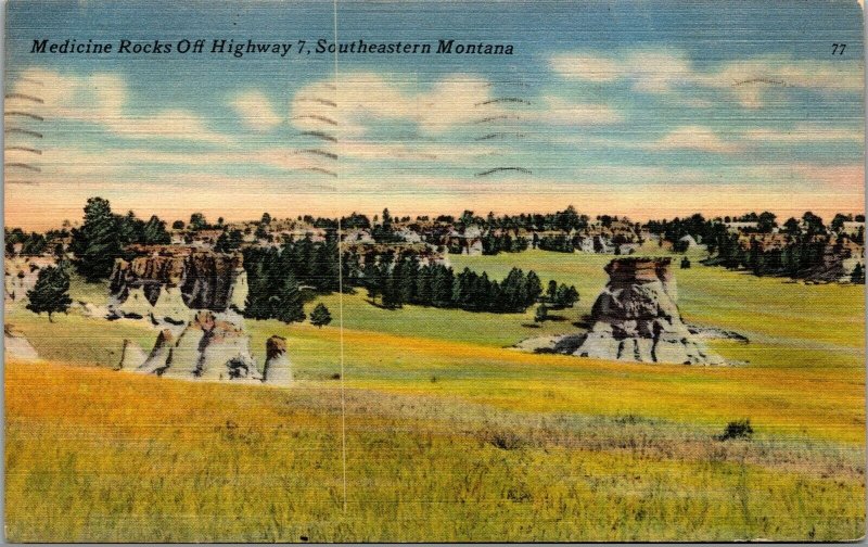 Vtg Southeastern Montana MT Medicine Rocks Off Highway 7 1950s Linen Postcard