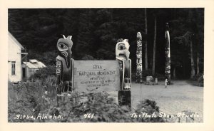 RPPC SITKA, ALASKA Totem Poles National Monument Sign Vintage Postcard c1950s