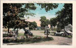1956 BARABOO Wisconsin WI Postcard TOURIST CAMP Cars Tents CAMPING